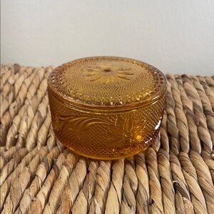 Indiana Glass Amber Sandwich Powder Jar – Vintage Trinket Box with Lid